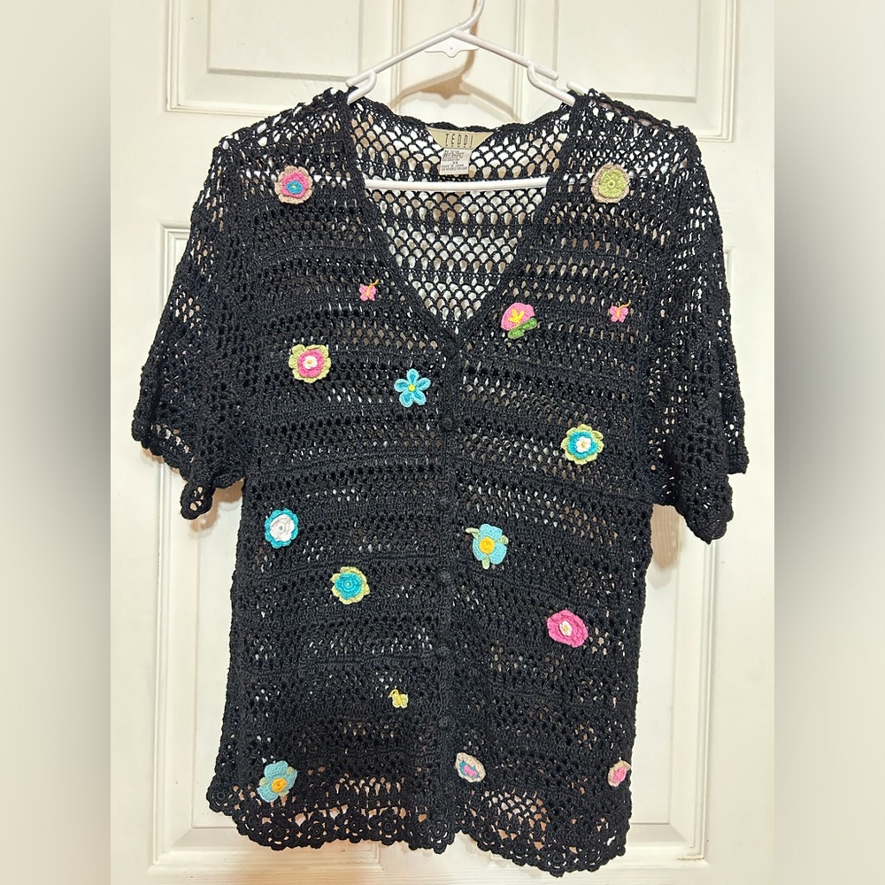 Vintage Amazing Hand-Crocheted Art Funky Fun Cardigan Sweater fits L/XL
